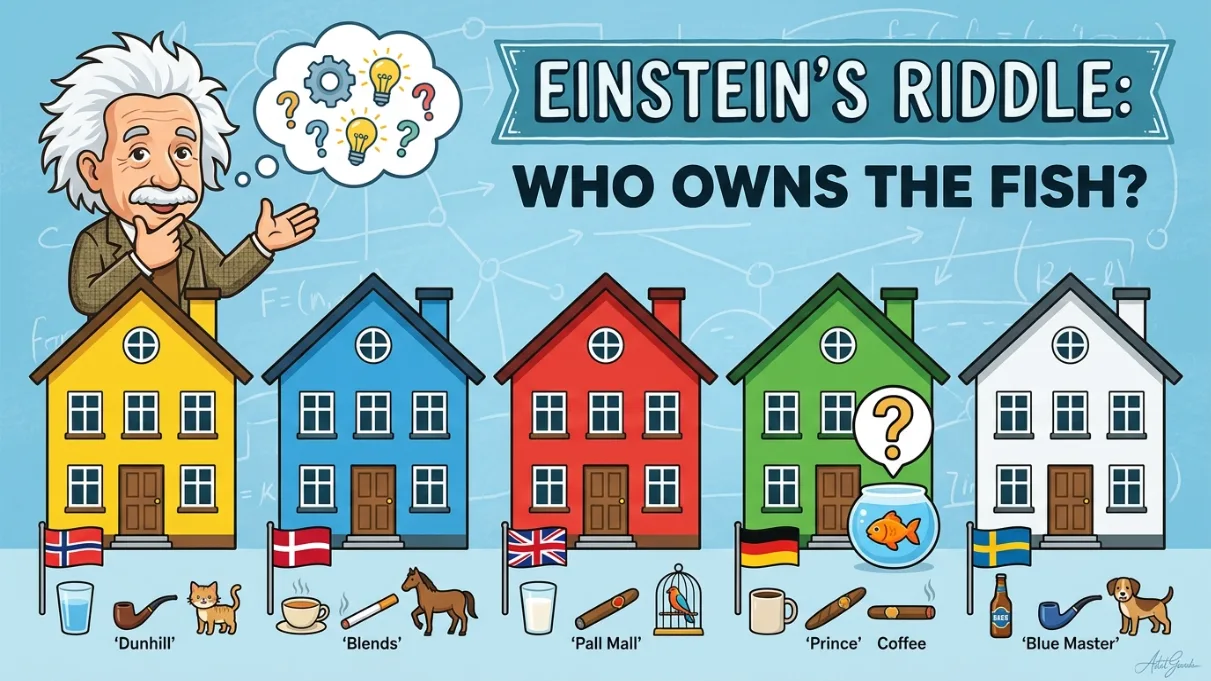 Einstein's famous logic puzzle 'Who Owns the Fish?' featuring five houses in different colors with various attributes including nationalities, drinks, pets, and cigarette brands that must be matched to solve the riddle