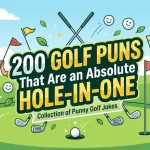 A vibrant cartoon illustration of a golf course scene featuring a golf cart, crossed golf clubs, and a smiling golfer giving a thumbs up. The bold text in the center reads "200 Golf Puns That Are an Absolute Hole-in-One Collection of Punny Golf Jokes," surrounded by smiley-faced golf balls and flags.