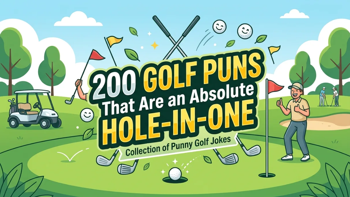 A vibrant cartoon illustration of a golf course scene featuring a golf cart, crossed golf clubs, and a smiling golfer giving a thumbs up. The bold text in the center reads "200 Golf Puns That Are an Absolute Hole-in-One Collection of Punny Golf Jokes," surrounded by smiley-faced golf balls and flags.