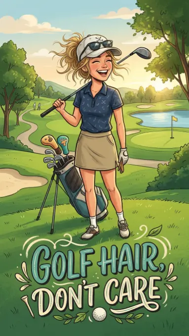 A cheerful cartoon illustration of a female golfer with windswept blonde hair wearing a visor, navy polo shirt, and khaki skirt, holding a golf club over her shoulder while standing next to a golf bag on a scenic golf course. The decorative text at the bottom reads "Golf Hair, Don't Care" with a golf ball accent.
