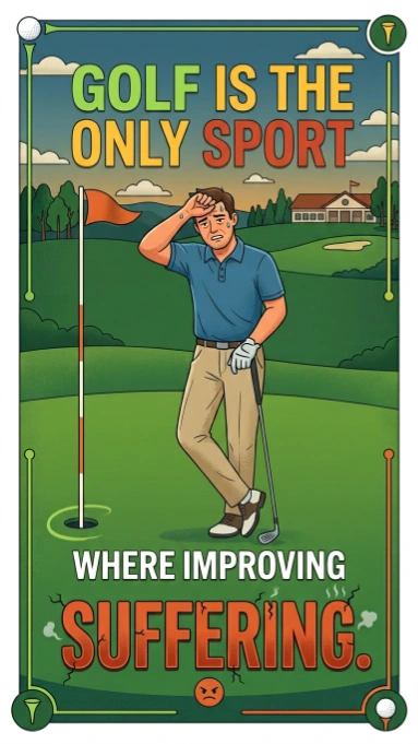 A cartoon illustration of a stressed, sweaty golfer wiping his forehead while standing next to the hole on the green. The text overlay reads "Golf is the only sport where improving suffering" with the word "Suffering" displayed in a cracked, distressed font.
