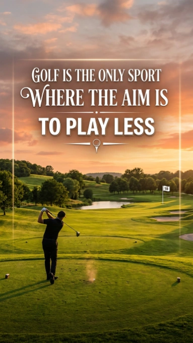 A golfer swinging a club on a lush green course during a golden sunset, overlaid with the text "Golf is the only sport where the aim is to play less.