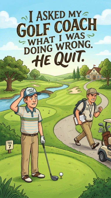 A cartoon illustration of a golf course scene featuring a confused golfer scratching his head while his angry coach walks away in frustration. The large text overlay reads: "I asked my golf coach what I was doing wrong. He quit.