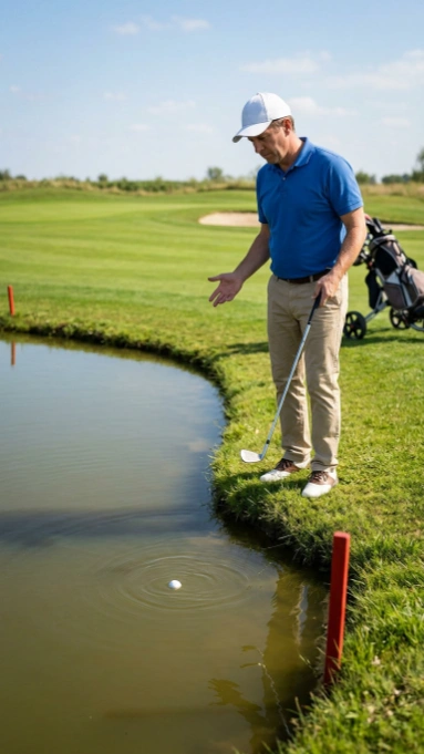 
A male golfer in a blue polo shirt and white cap stands at the edge of a water hazard on a golf course, gesturing toward his golf ball that has landed in the water, creating ripples on the surface. A golf cart is visible in the background on the green fairway.
