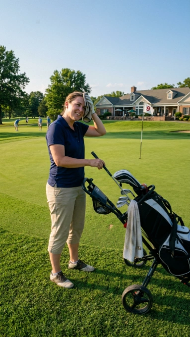 A woman golfer in a navy blue shirt and khaki pants stands on a golf course next to her golf bag and push cart, holding her hand to her forehead in an exasperated or tired gesture. A clubhouse building is visible in the background on the green course.
