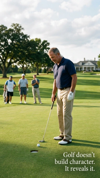 A golfer in a navy blue shirt focuses on a putt on the green while three other men watch in the background. The text at the bottom reads, "Golf doesn't build character. It reveals it.