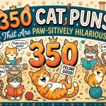 Colorful illustrated banner featuring "350 Cat Puns That Are Paw-sitively Hilarious" with multiple cartoon cats doing activities like playing guitar, baking, reading books, and detective work, surrounded by speech bubbles with cat puns including "Meow-valous!", "Claw-some Tunes!", "Purr-fectly Baked!", "Feline Good!", and "Paw-sitive Proof!" in vibrant playful design with yarn balls, cat trees, and paw prints