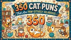 Colorful illustrated banner featuring "350 Cat Puns That Are Paw-sitively Hilarious" with multiple cartoon cats doing activities like playing guitar, baking, reading books, and detective work, surrounded by speech bubbles with cat puns including "Meow-valous!", "Claw-some Tunes!", "Purr-fectly Baked!", "Feline Good!", and "Paw-sitive Proof!" in vibrant playful design with yarn balls, cat trees, and paw prints