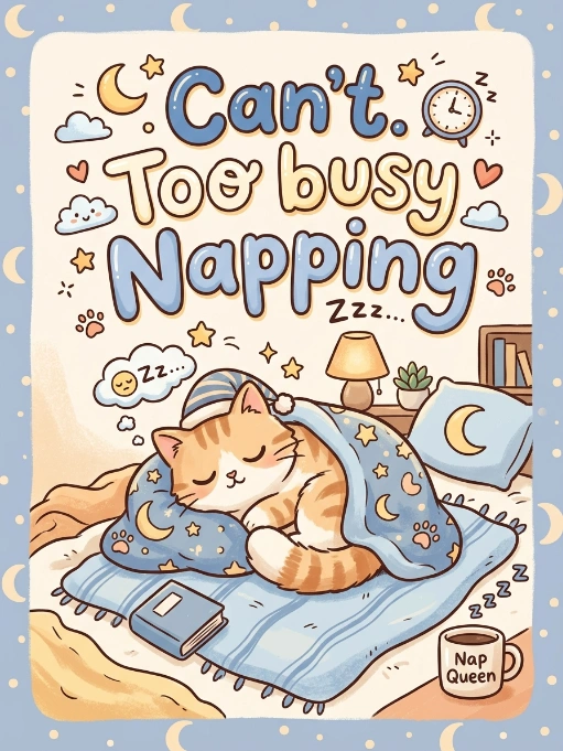 Adorable illustrated poster featuring orange tabby cat sleeping under blue star and moon blanket with "Can't. Too busy Napping" lettering, alarm clock, coffee mug saying "Nap Queen," stars, moons, clouds, and cozy bedroom elements in kawaii style