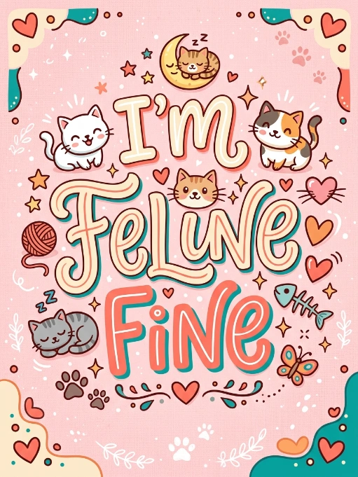 Cute illustrated poster with "I'm Feline Fine" lettering surrounded by adorable cartoon cats, hearts, stars, paw prints, yarn ball, and fish skeleton on pink pastel background with kawaii aesthetic