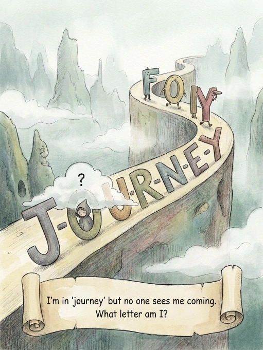 Illustration of a winding path spelling "Journey" with the letter U hidden behind a cloud, accompanied by a scroll with a word riddle.