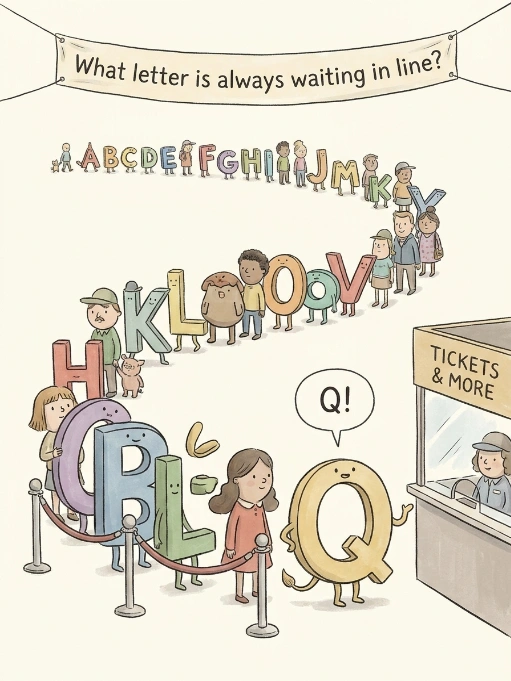 Cartoon alphabet letters standing in a long queue at a ticket booth, with the letter Q at the front pointing to itself