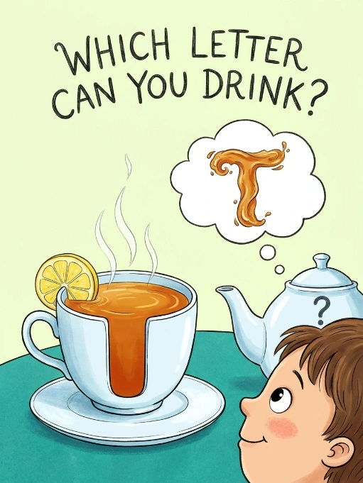 Cartoon illustration of a boy looking at a cup of tea with a thought bubble showing the letter 'T' shaped like liquid tea.