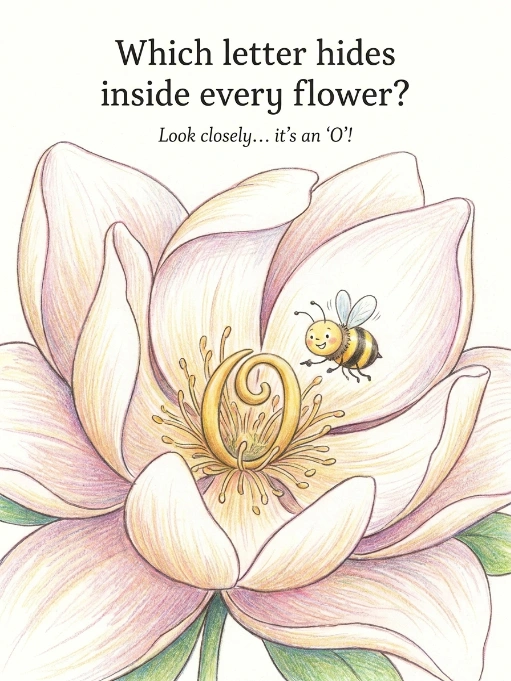 Illustrated blooming flower with a bee and a stylized letter "O" at its center, paired with the riddle text.
