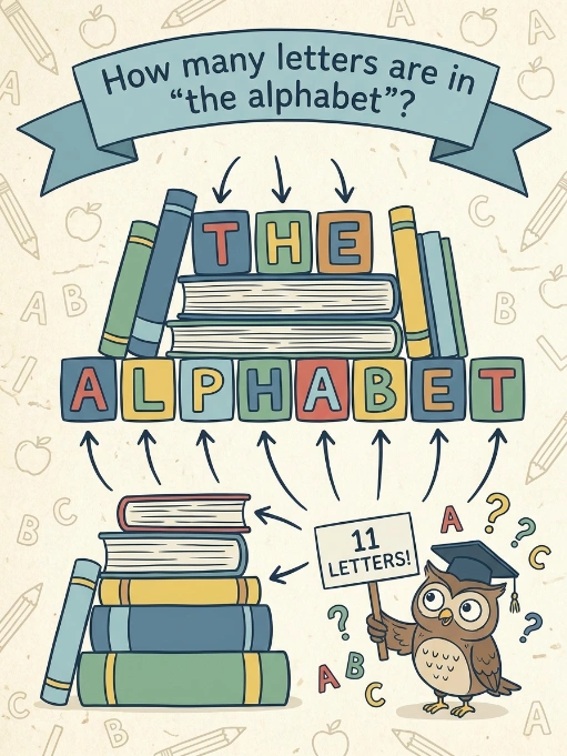 Illustration showing books spelling "THE ALPHABET" with arrows pointing to each letter, an owl in graduation cap holding a sign saying "11 letters!" surrounded by question marks and ABC elements