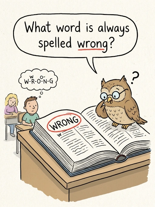 Cartoon owl looking at a book with the word "WRONG" circled, asking the riddle "What word is always spelled wrong?"