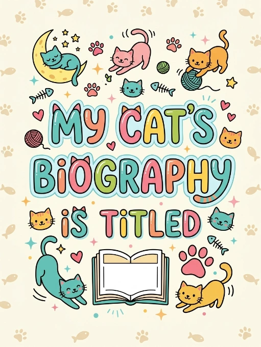 Colorful illustrated poster with "My Cat's Biography Is Titled" hand lettering surrounded by playful cartoon cats in teal, pink, and orange playing with yarn balls, sleeping on crescent moon, stretching, with paw prints, fish bones, hearts, stars, and open book in kawaii style on cream background
