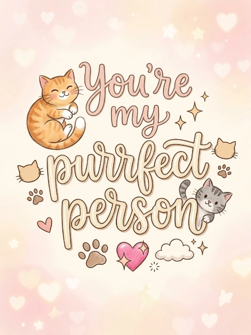 Romantic illustrated poster with "You're my purrrfect person" hand lettering, featuring orange tabby cat, small cat faces, paw prints, pink hearts, stars, and clouds on soft pastel pink background with bokeh heart pattern in kawaii style