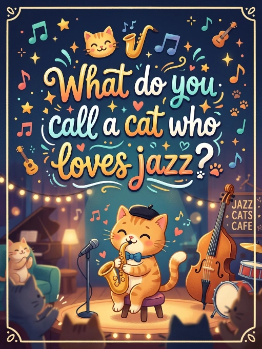 Colorful illustration of an orange tabby cat playing a saxophone on stage in a jazz club with a double bass and drums, surrounded by musical notes and the text "What do you call a cat who loves jazz?