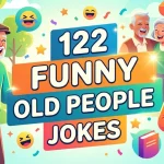 Colorful illustration of laughing elderly people with text 122 Funny Old People Jokes surrounded by emojis and stars