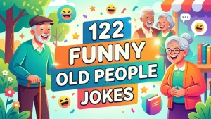 Colorful illustration of laughing elderly people with text 122 Funny Old People Jokes surrounded by emojis and stars