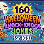 Colorful Halloween scene with ghosts pumpkins skeleton and haunted house with text 160 Halloween Knock Knock Jokes for Kids