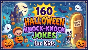 Colorful Halloween scene with ghosts pumpkins skeleton and haunted house with text 160 Halloween Knock Knock Jokes for Kids