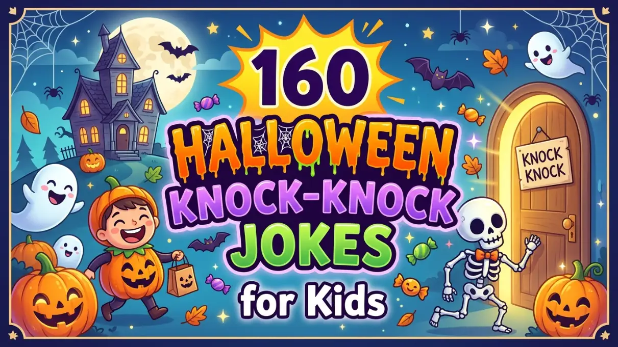 Colorful Halloween scene with ghosts pumpkins skeleton and haunted house with text 160 Halloween Knock Knock Jokes for Kids
