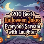 Halloween illustration with ghost reading book, skeleton in witch hat, jack o lanterns, bats and crescent moon in spooky forest