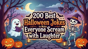 Halloween illustration with ghost reading book, skeleton in witch hat, jack o lanterns, bats and crescent moon in spooky forest