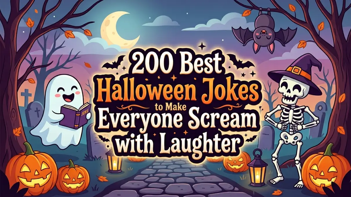 Halloween illustration with ghost reading book, skeleton in witch hat, jack o lanterns, bats and crescent moon in spooky forest