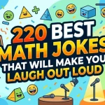 Colorful graphic with smiling numbers shapes owl and robot with chalkboard showing math equations and text 220 Best Math Jokes That Will Make You Laugh Out Loud