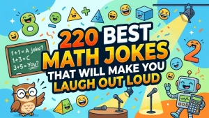 Colorful graphic with smiling numbers shapes owl and robot with chalkboard showing math equations and text 220 Best Math Jokes That Will Make You Laugh Out Loud