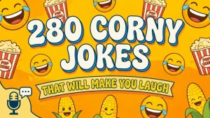 Yellow banner with laughing emojis popcorn buckets and corn illustrations featuring text 280 Corny Jokes That Will Make You Laugh