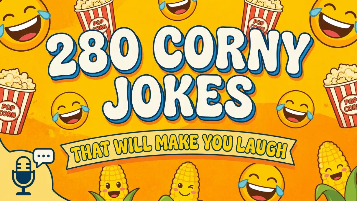 Yellow banner with laughing emojis popcorn buckets and corn illustrations featuring text 280 Corny Jokes That Will Make You Laugh