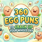 Colorful illustration with smiling cartoon eggs chickens and feathers with text 360 Egg Puns to Crack Up Your Whole Day