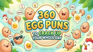 Colorful illustration with smiling cartoon eggs chickens and feathers with text 360 Egg Puns to Crack Up Your Whole Day
