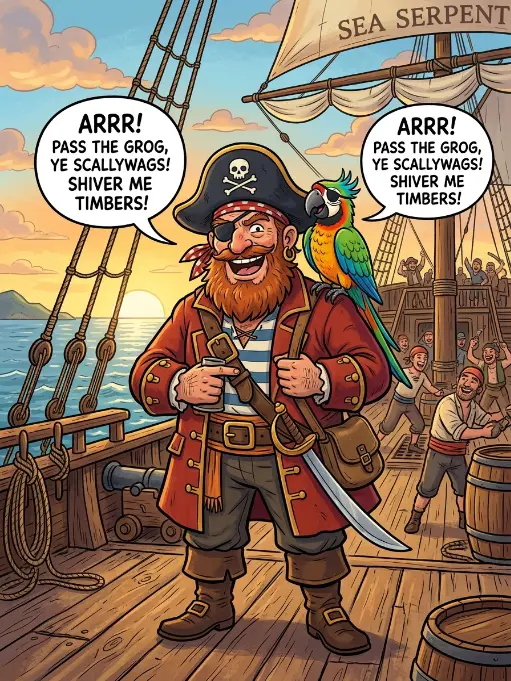 A pirate has it on his shoulder, it repeats everything he says