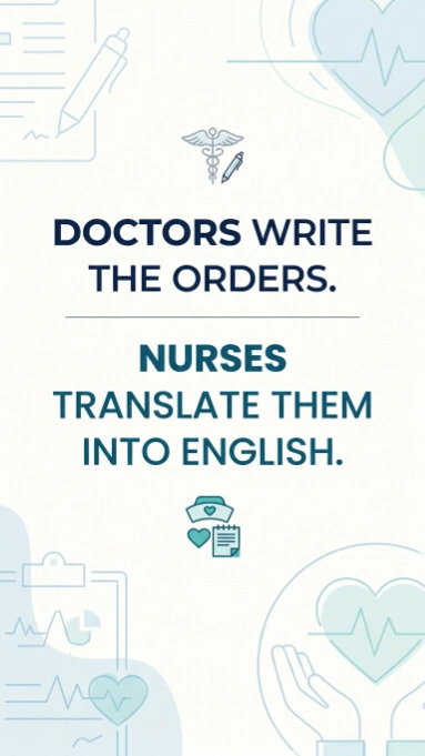 Medical illustration with text doctors write the orders nurses translate them into English with caduceus and heart icons