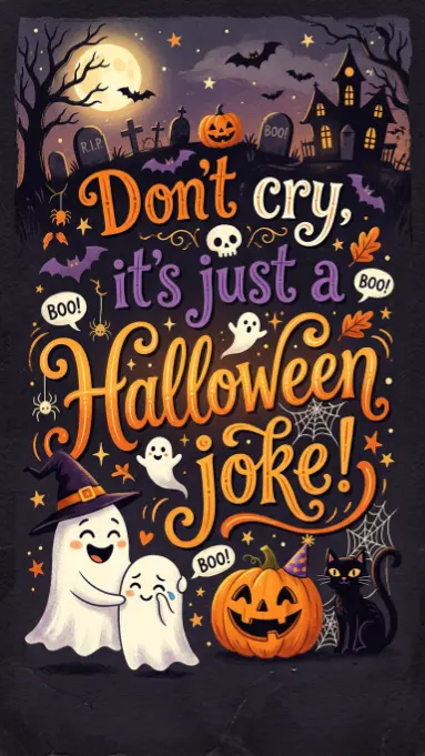 Halloween illustration with two ghosts one crying and one comforting jack o lantern black cat and haunted house with text Don't cry it's just a Halloween joke