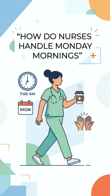 Nurse in green scrubs walking with coffee cup next to clock showing 7 AM and Monday calendar
