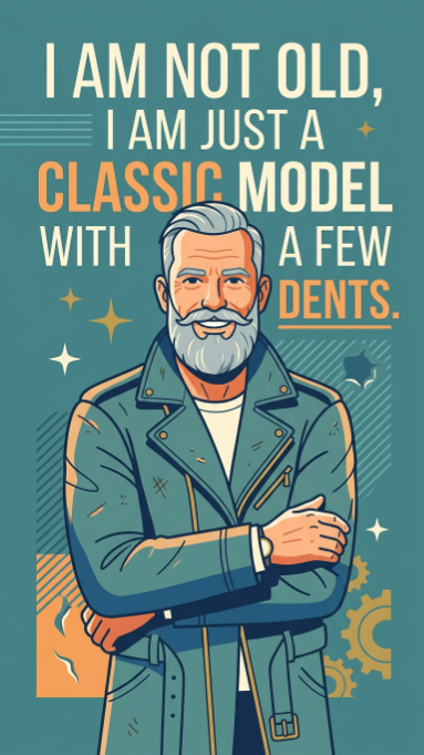 Illustrated older man with gray hair and beard wearing jacket with classic model quote