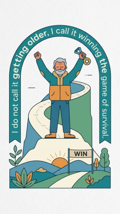 Older man with gray hair and beard standing on mountain peak holding trophy with win sign and inspirational quote about survival