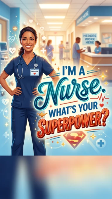 Female nurse in blue scrubs with stethoscope standing in hospital hallway with text I'm a nurse what's your superpower