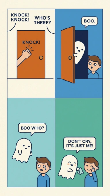 Four panel comic showing hand knocking on orange door then ghost popping out saying boo then asking boo who finally offering tissue while boy cries
