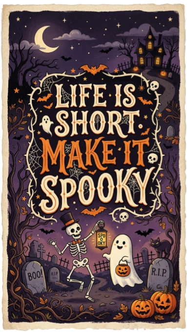 Skeleton and ghost standing in graveyard with haunted house and pumpkins with text Life is short Make it spooky