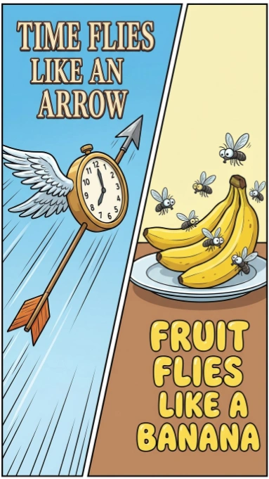 Split panel illustration showing winged clock arrow and bananas with flies on plate

