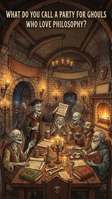 Skeletons sitting around medieval wooden table with books and candles in castle dining hall with stone walls
