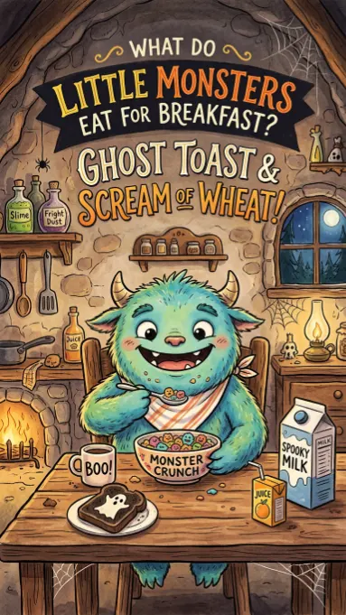 Blue monster eating cereal at wooden table with ghost toast and spooky breakfast items in kitchen