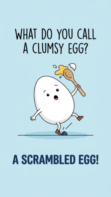 Cartoon egg character tripping over rock with yolk splattering and scrambled egg punchline text
